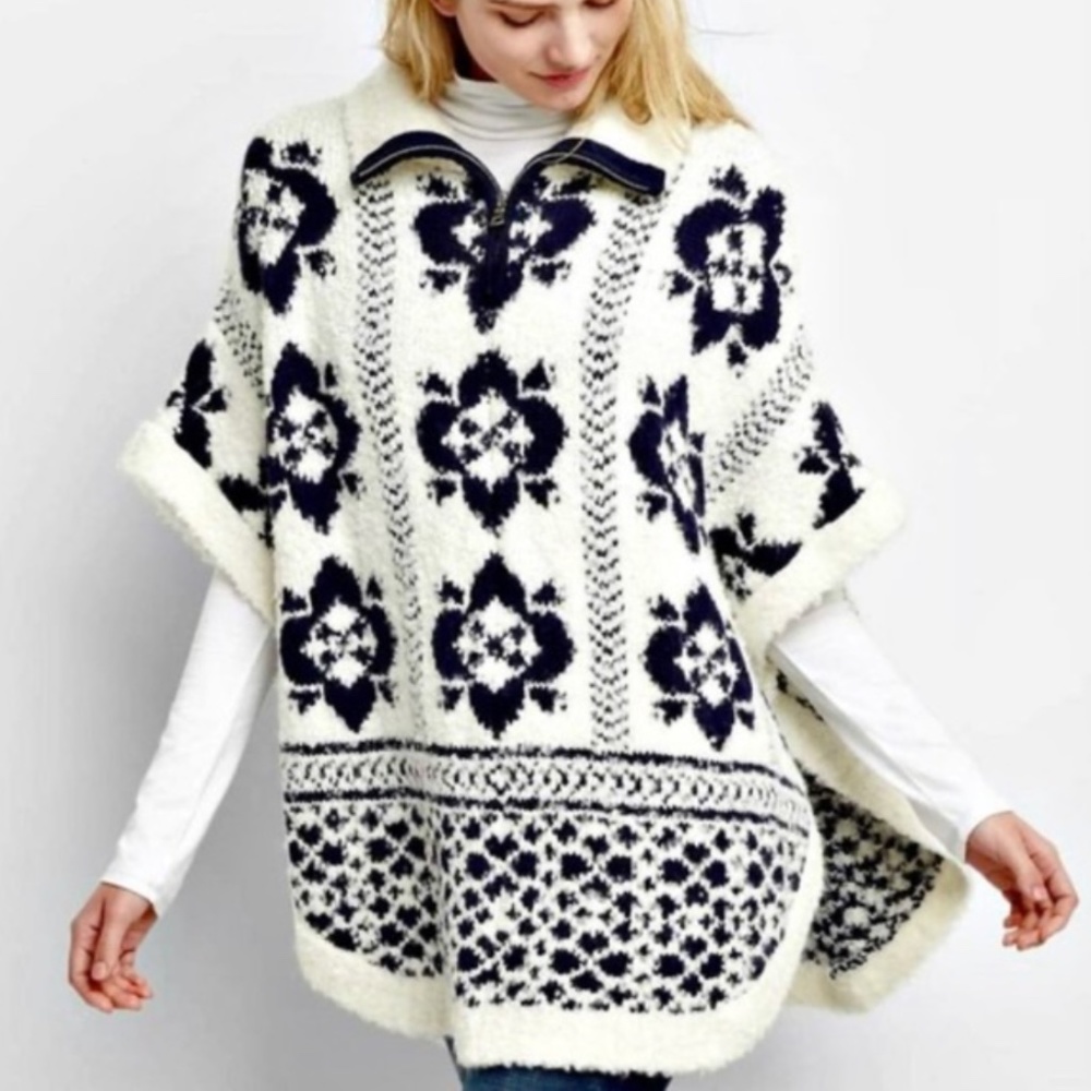 Gap Womens Multicolor Floral Wool Blend 1/4 Zip Oversized Poncho Sweater…